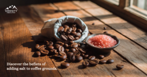 A table with the coffee and pink salt.